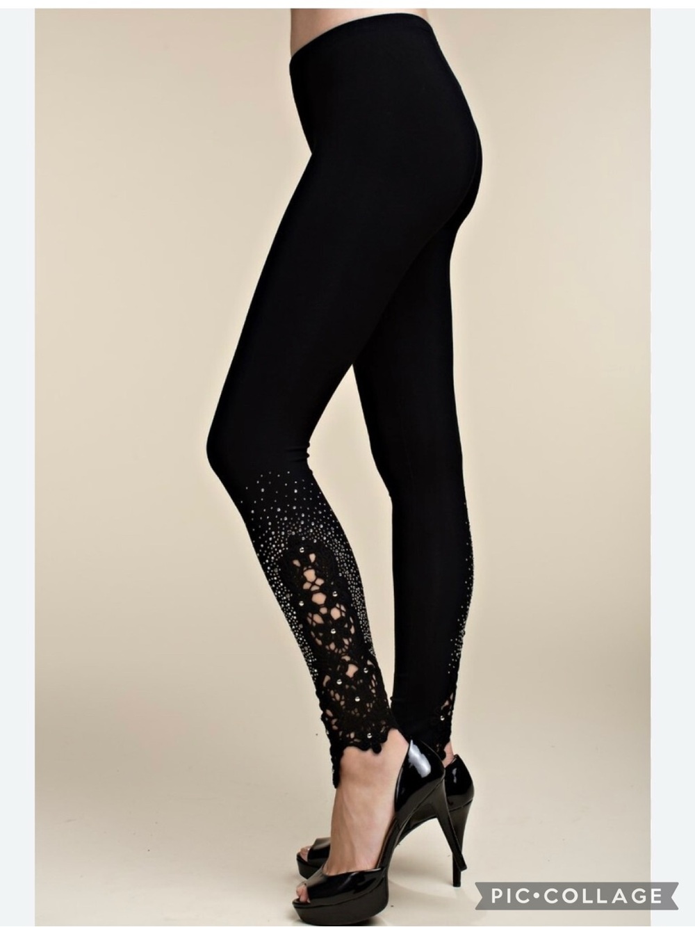 Vocal Black Rhinestone Studded Lace Hem Leggings XL Edgy Chic